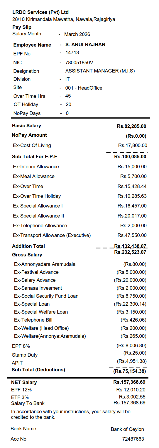 Paysheet for March 2026